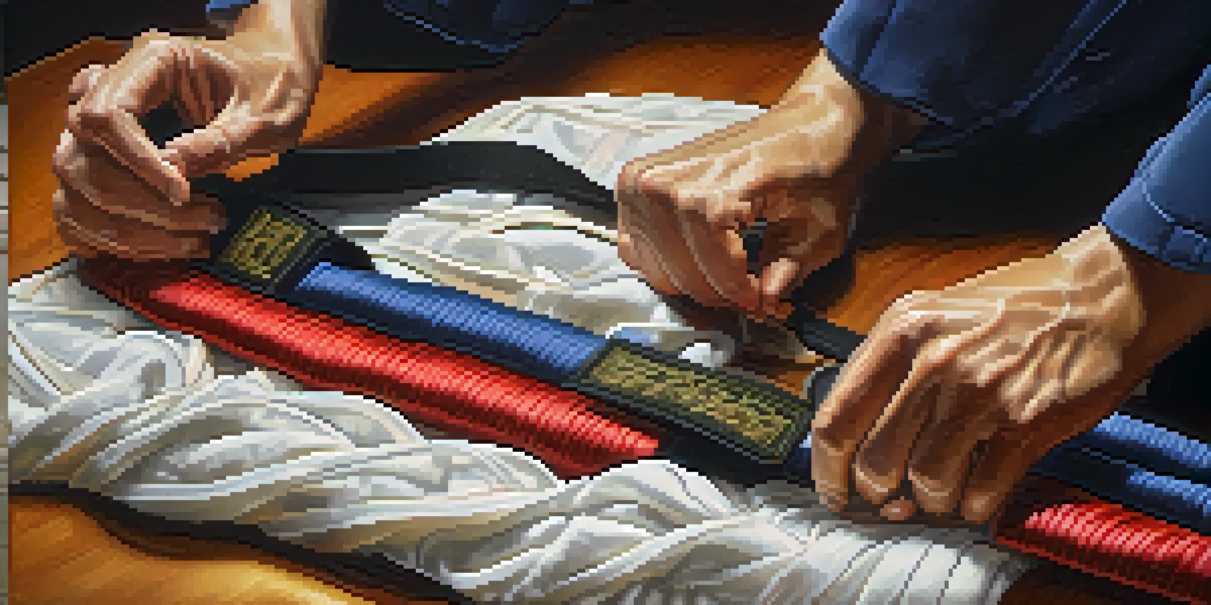 Close-up of hands tying a martial arts belt in a dojo.