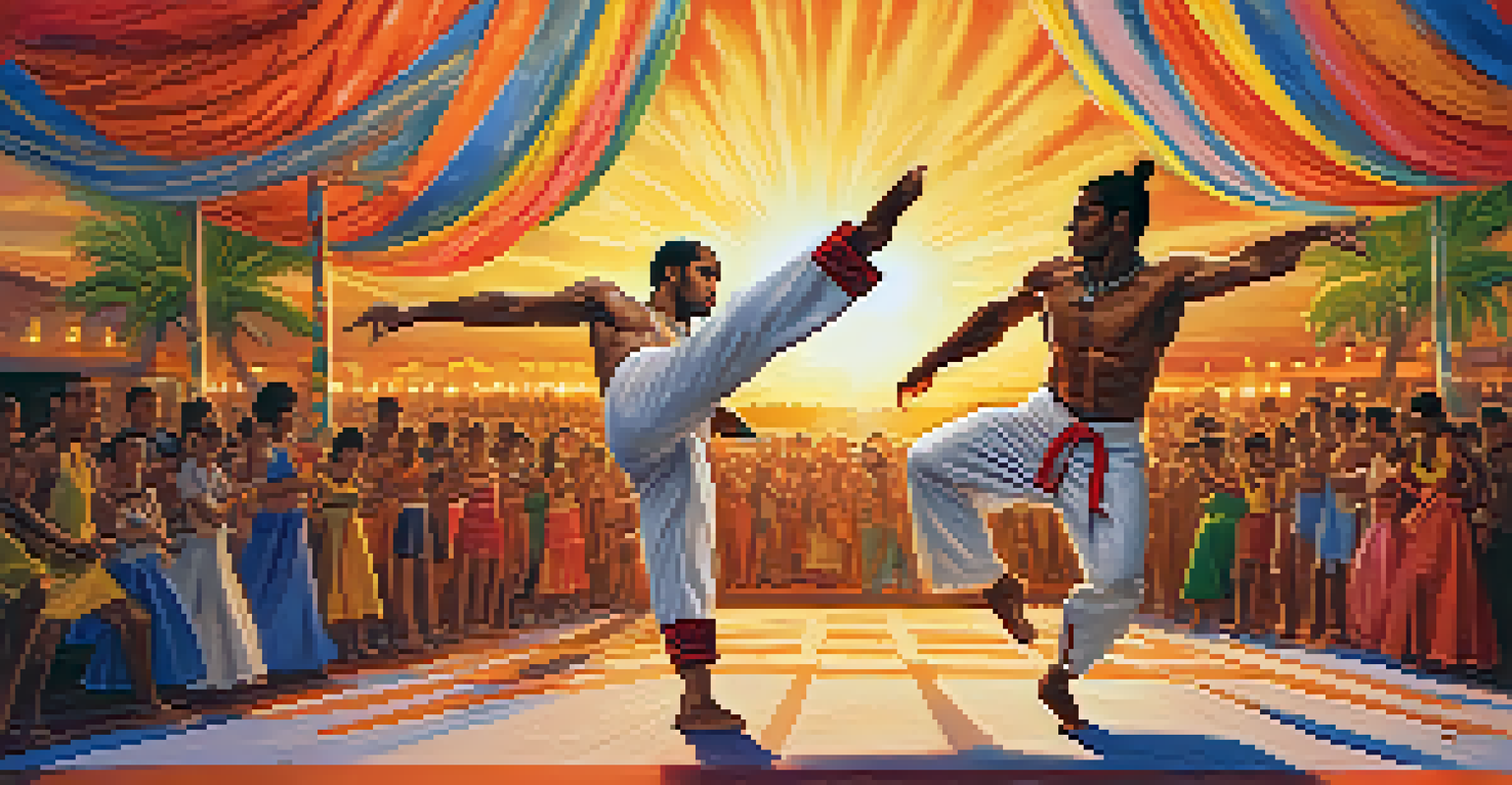 Two Capoeira performers engaging in acrobatic movements during an outdoor festival, with colorful costumes and a warm sunset in the background.