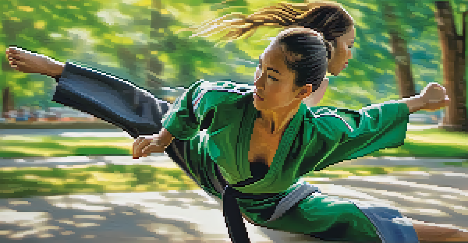 A female martial artist executing a powerful kick outdoors, with a focused expression and a blurred green park background.