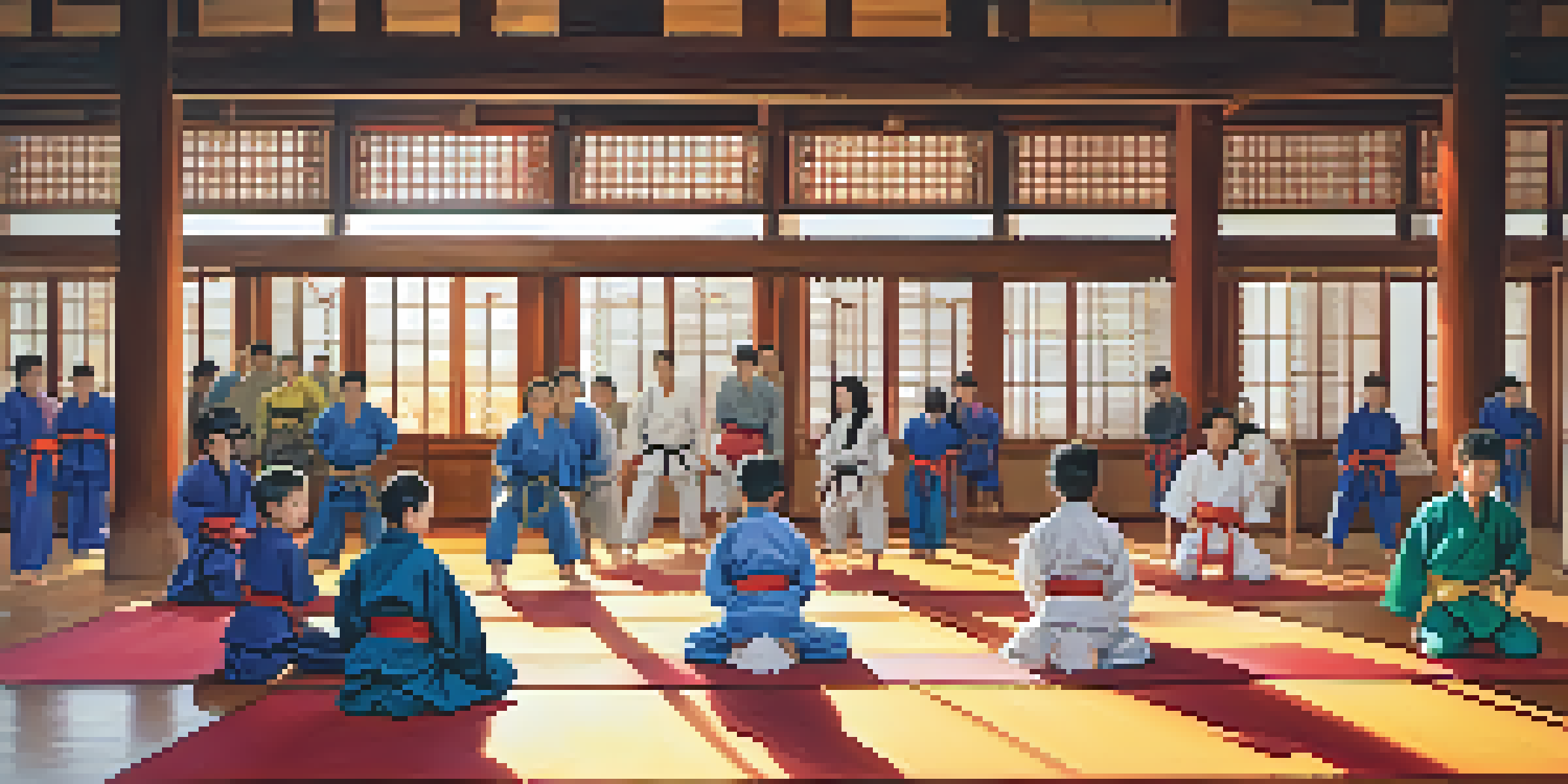 A diverse group of martial arts practitioners practicing together in a bright dojo, showcasing unity and teamwork.