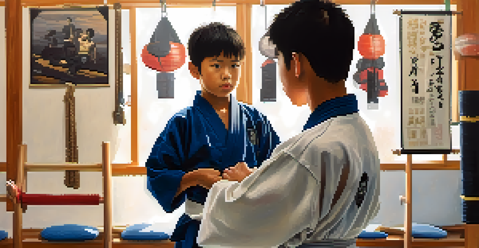 A teen boy tying his karate belt with a determined look in a dojo setting.