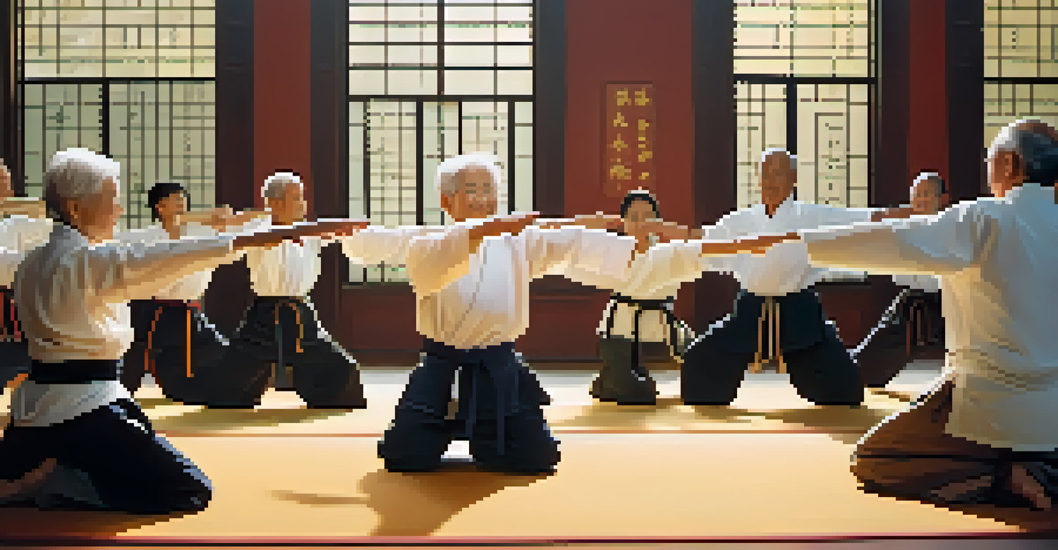 A group of older adults practicing synchronized breathing exercises in a martial arts class with a smiling instructor.