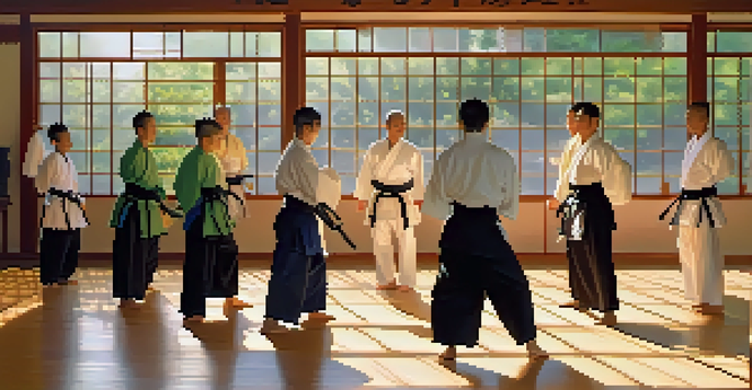 A peaceful dojo with practitioners of various backgrounds practicing martial arts in harmony, surrounded by warm sunlight and natural decor.