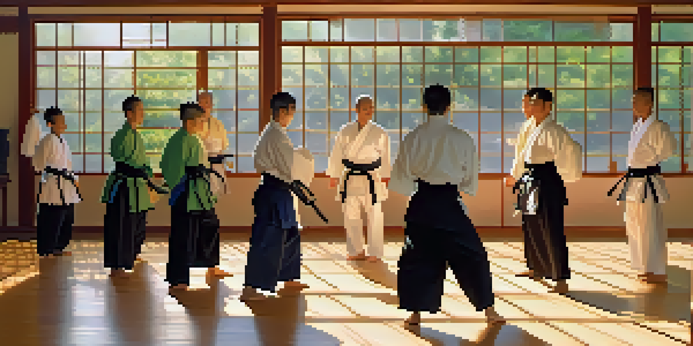 A peaceful dojo with practitioners of various backgrounds practicing martial arts in harmony, surrounded by warm sunlight and natural decor.