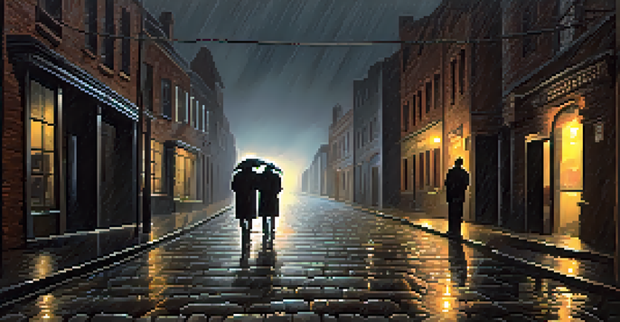 A tense standoff between two silhouetted figures in a dark, stormy alley, with rain and lightning adding to the dramatic atmosphere.
