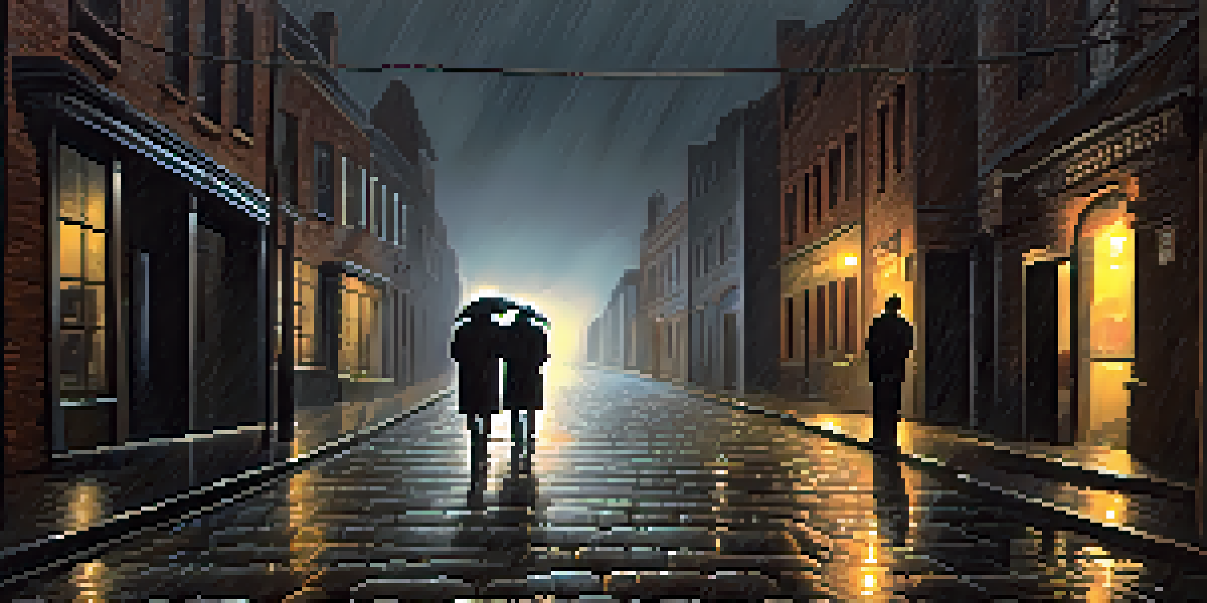 A tense standoff between two silhouetted figures in a dark, stormy alley, with rain and lightning adding to the dramatic atmosphere.