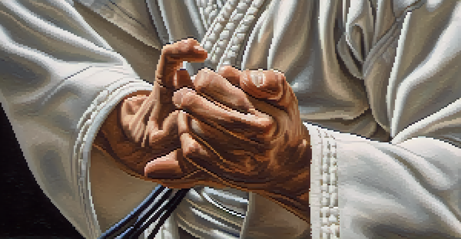 A close-up of a martial artist's hands performing a kata, with a blurred background highlighting the gi's texture.