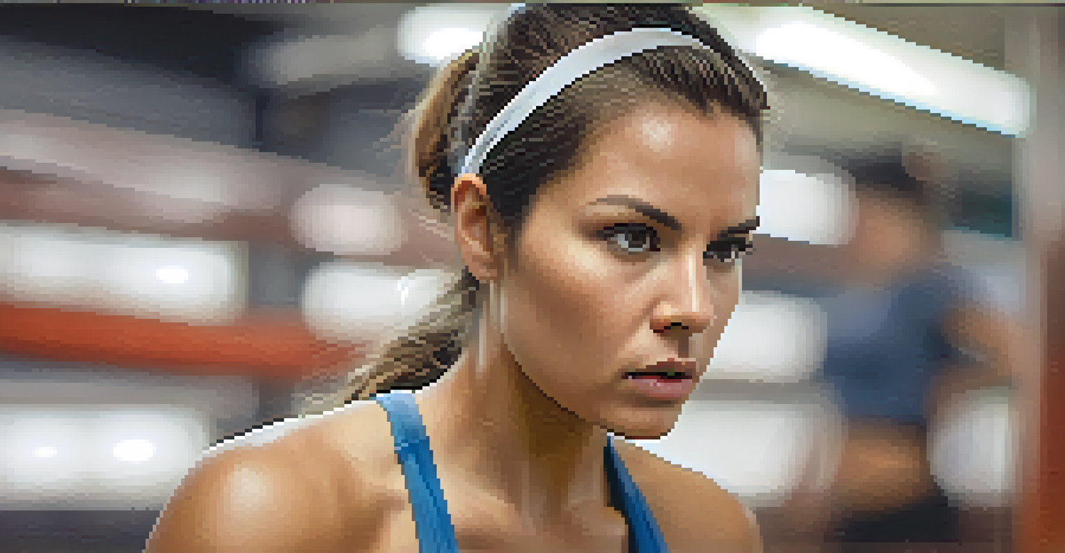 A close-up of a determined woman practicing self-defense, showcasing intensity and focus in her expression.