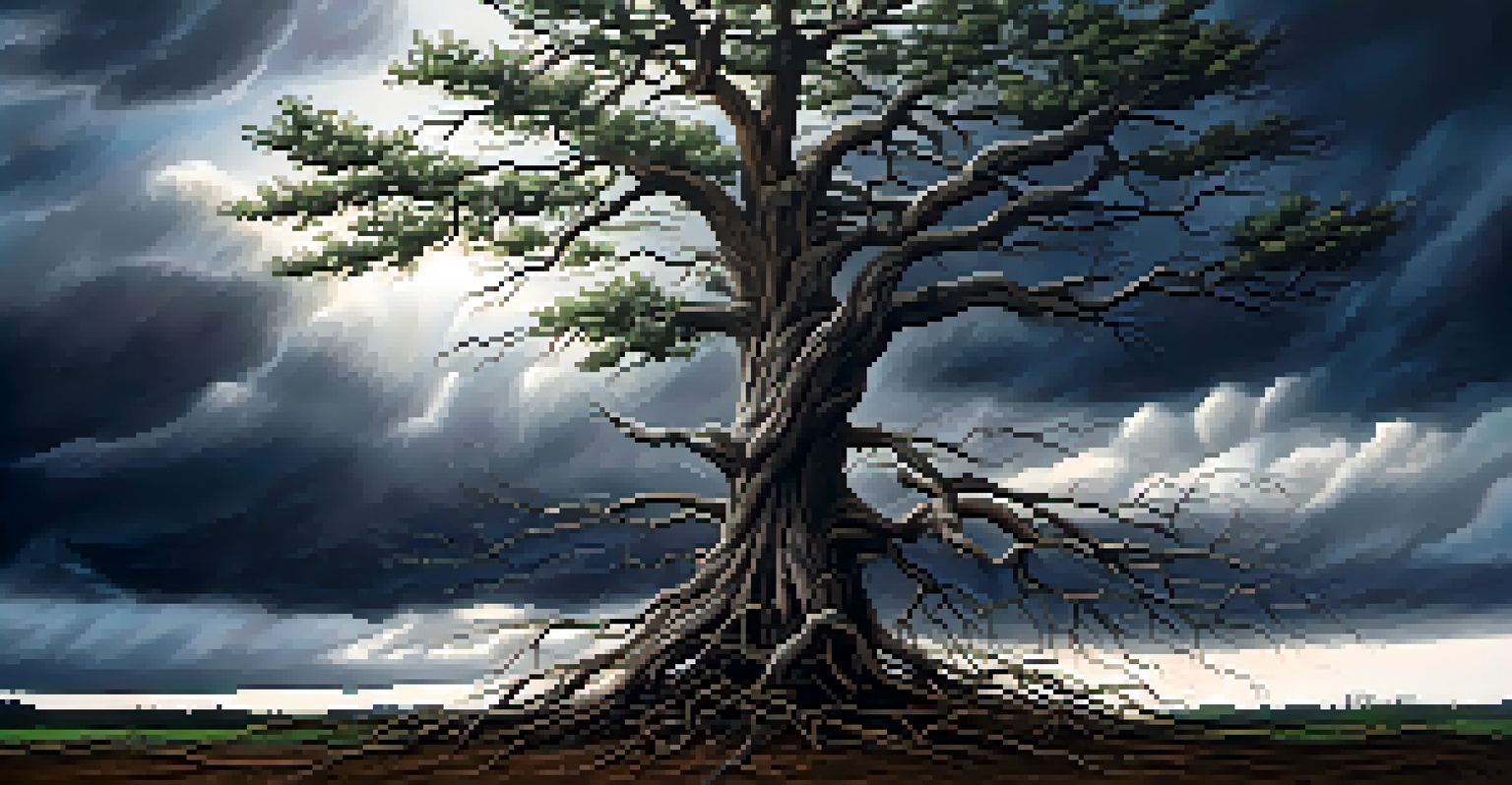 A resilient tree with deep roots standing strong under a stormy sky with rays of sunlight breaking through the clouds.