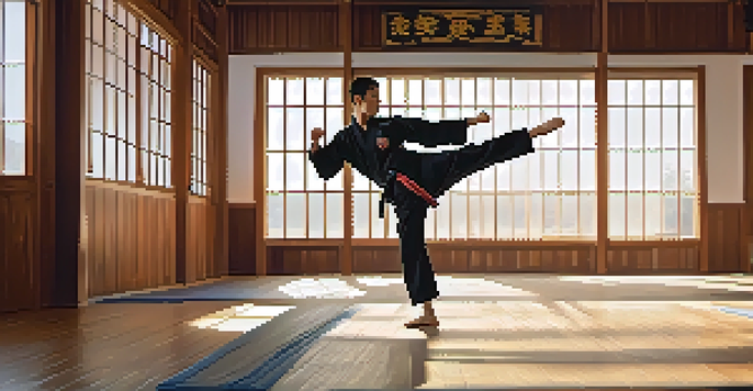 A martial arts athlete performing a high kick in a peaceful dojo filled with wooden floors and natural light.