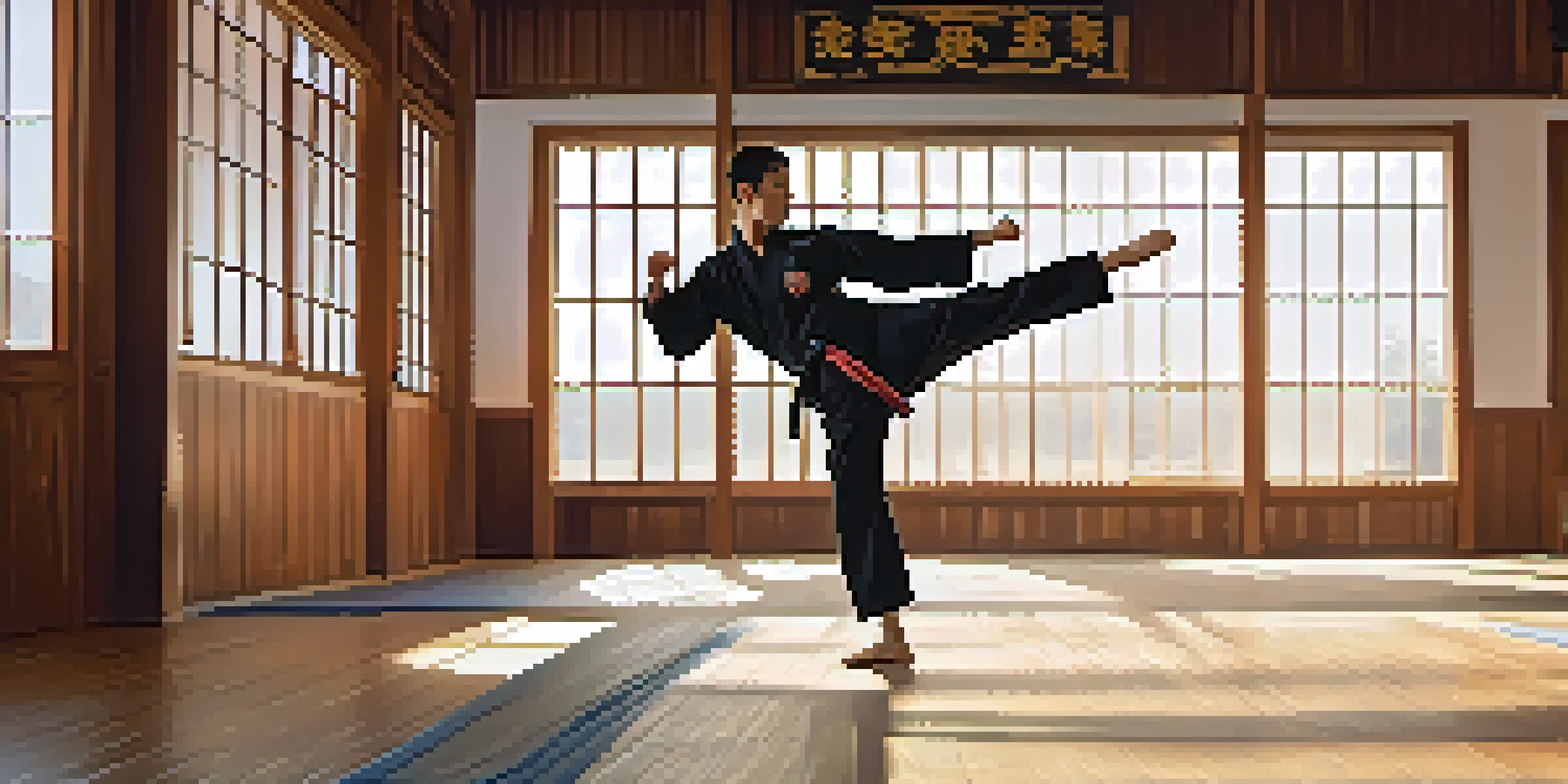 A martial arts athlete performing a high kick in a peaceful dojo filled with wooden floors and natural light.