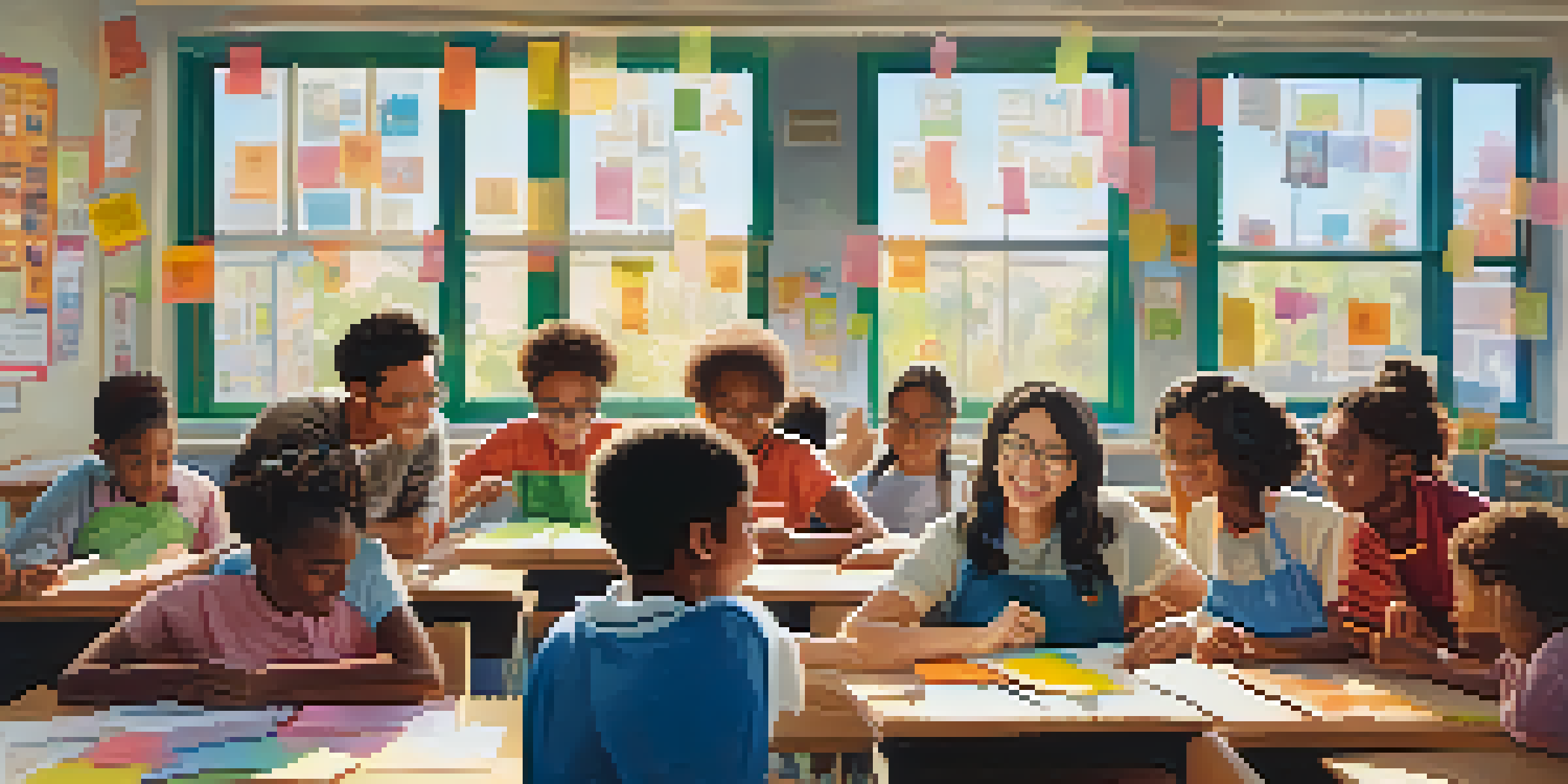 A diverse group of students working together on a project in a bright classroom with an instructor guiding them.