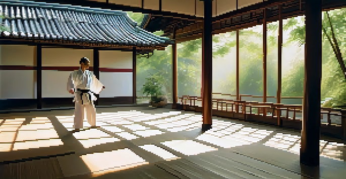 A martial arts practitioner performing Tai Chi in a peaceful dojo surrounded by bamboo, illuminated by soft morning light.