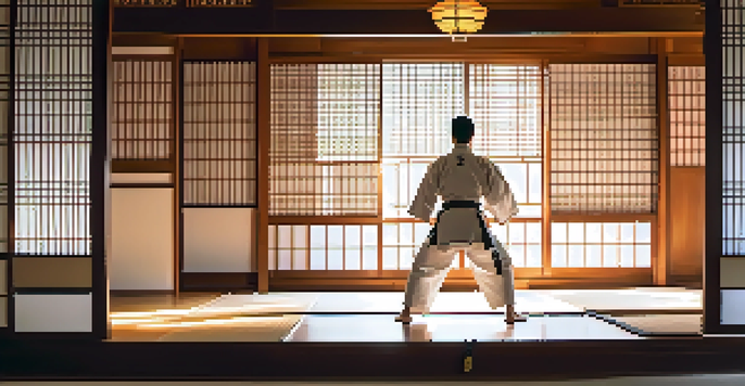 A martial artist practicing karate in a serene dojo with warm sunlight and shoji screens.