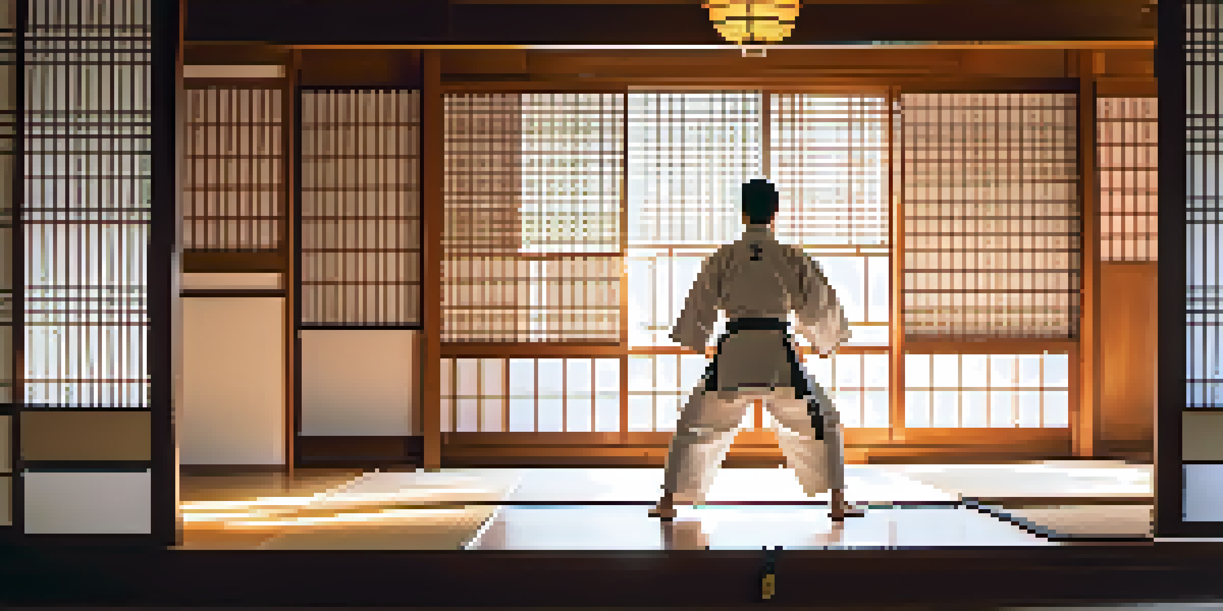 A martial artist practicing karate in a serene dojo with warm sunlight and shoji screens.