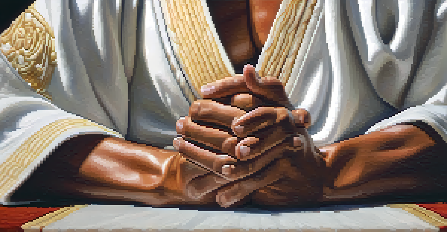 A close-up of a martial artist's hands in a meditation pose, with a blurred dojo background.