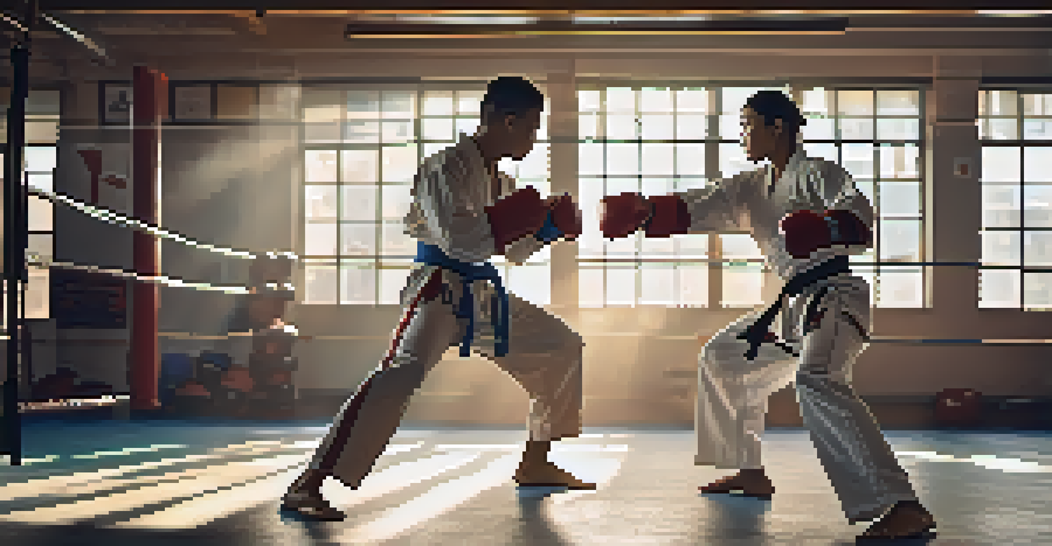 Two martial artists sparring in a gym, one performing a high kick while the other defends, embodying focus and intensity.