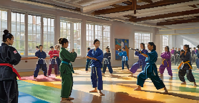 A bright martial arts studio with diverse practitioners training together, showcasing inclusivity and community.
