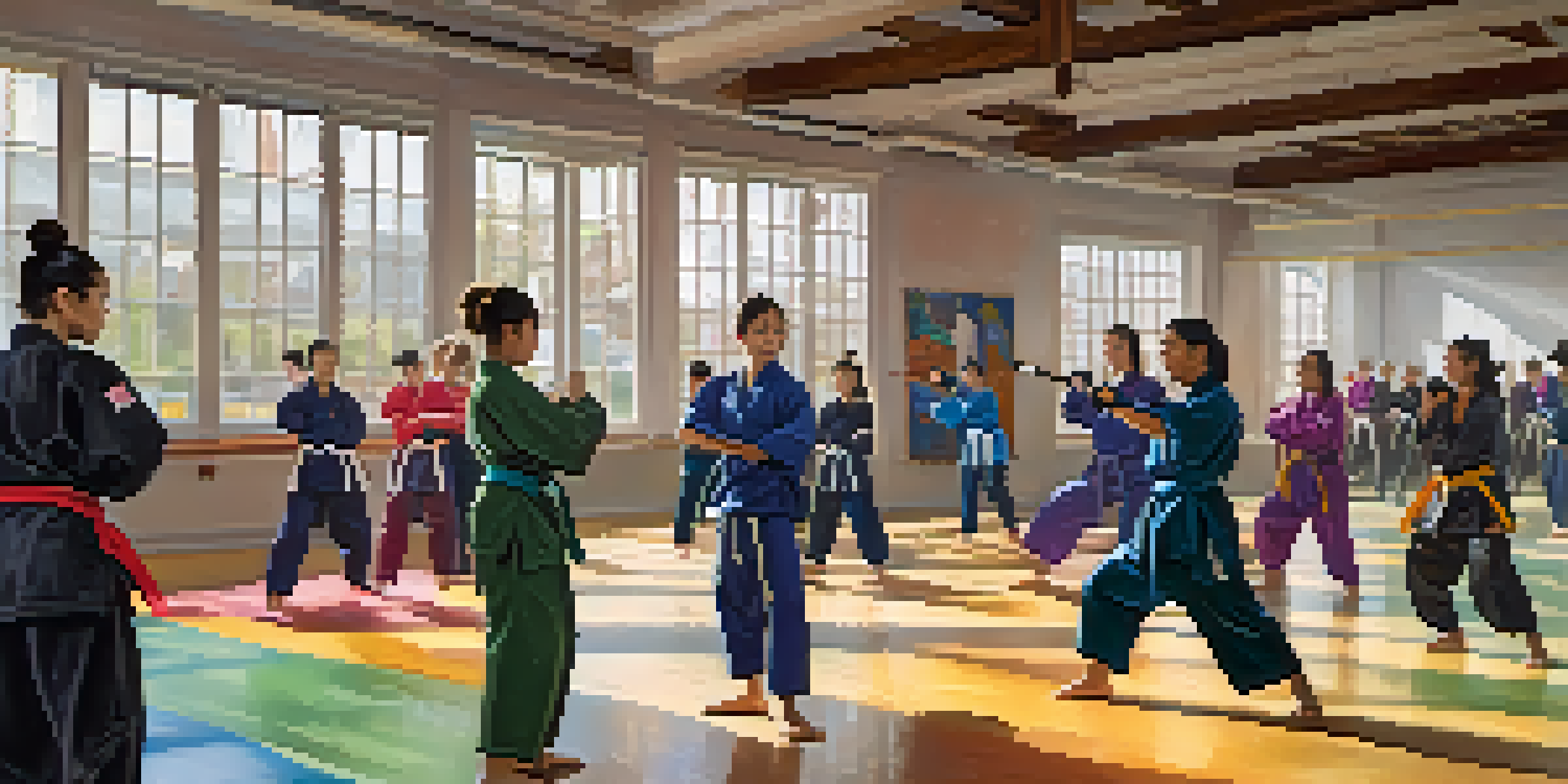 A bright martial arts studio with diverse practitioners training together, showcasing inclusivity and community.