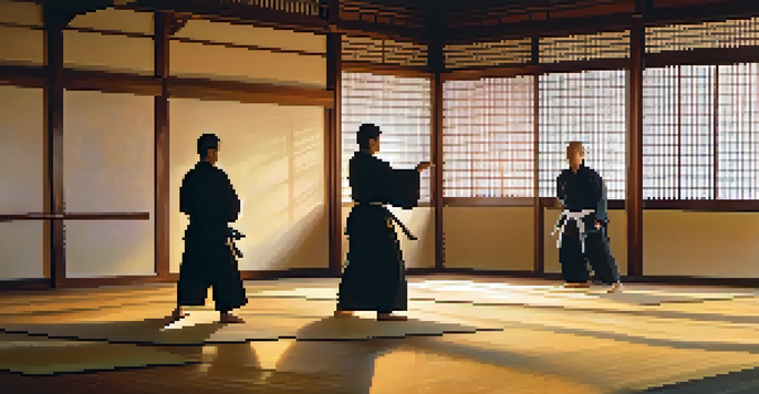 A peaceful martial arts dojo with practitioners in traditional clothing practicing katas at sunrise.