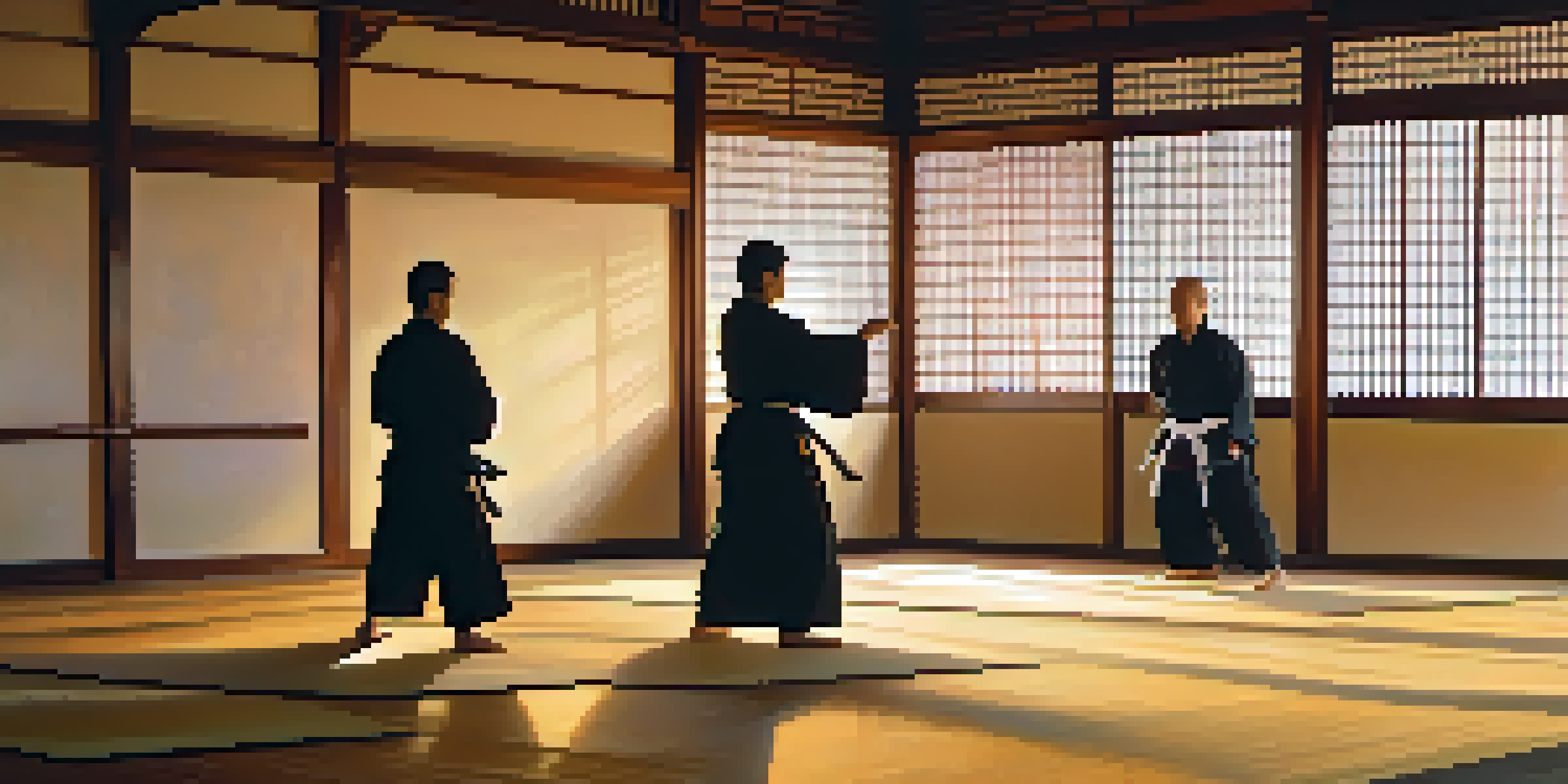 A peaceful martial arts dojo with practitioners in traditional clothing practicing katas at sunrise.