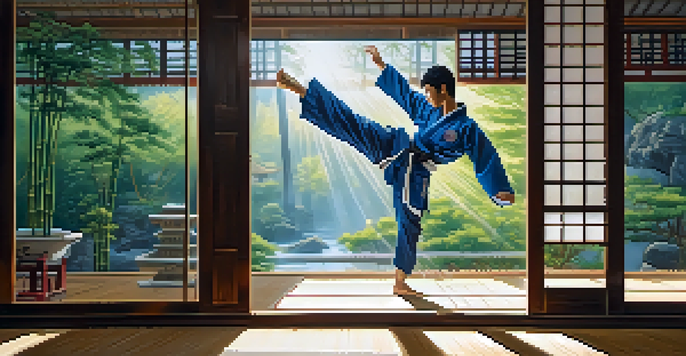 A martial artist executing a high kick in a dojo, illuminated by sunlight, showcasing a traditional gi amidst a tranquil setting.