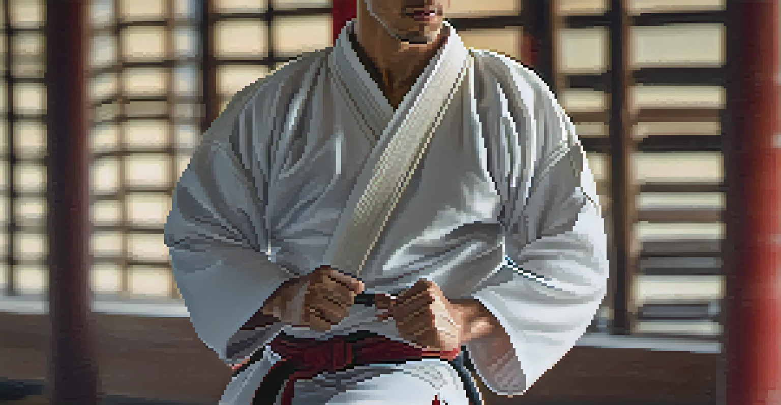 A close-up of a martial artist warming up in a traditional gi, highlighting the textures and details of the uniform.
