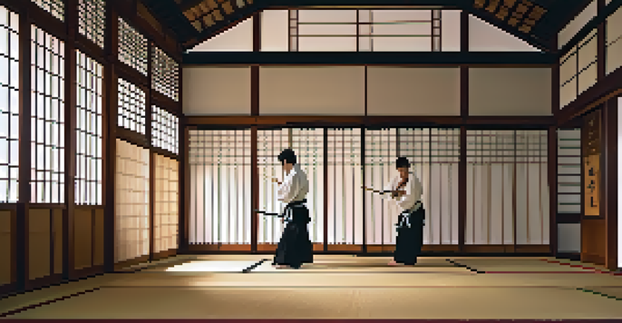 A martial artist practicing kata in a traditional dojo with soft natural light and wooden floors.