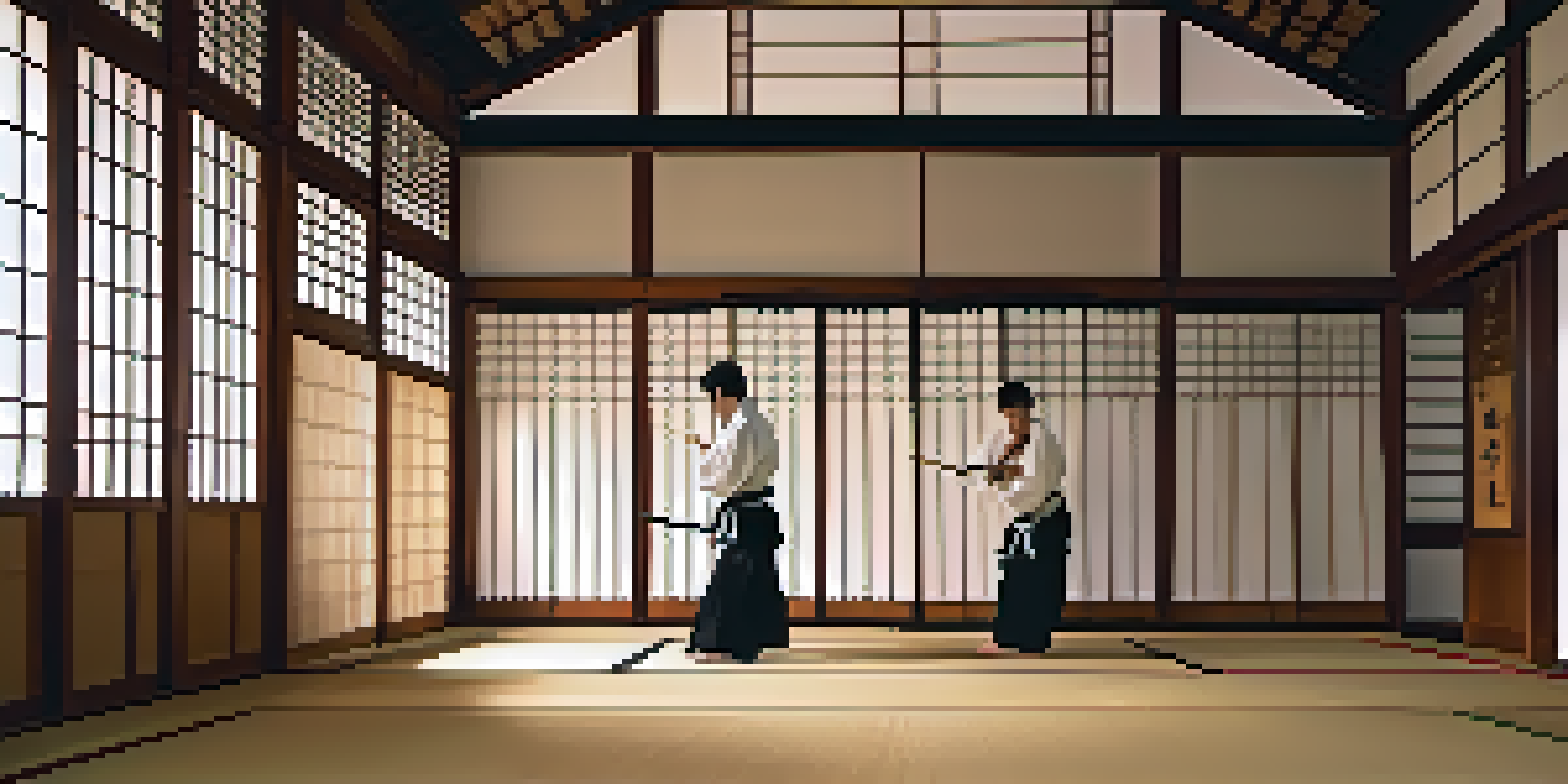 A martial artist practicing kata in a traditional dojo with soft natural light and wooden floors.