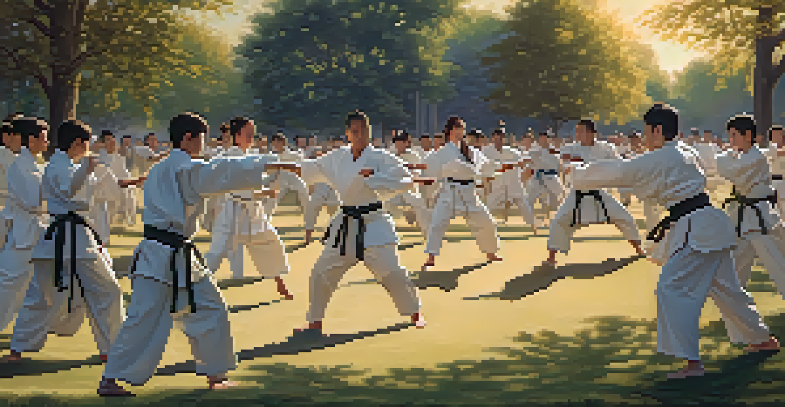 An outdoor martial arts event with practitioners demonstrating techniques in a park, surrounded by an audience and colorful banners, illuminated by the setting sun.