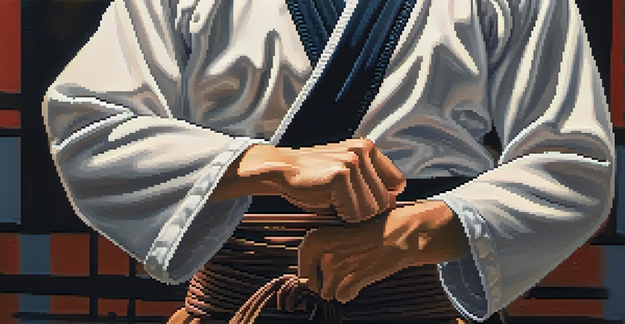 A close-up of hands gripping a dojo belt, with a blurred background of students practicing in a martial arts dojo.