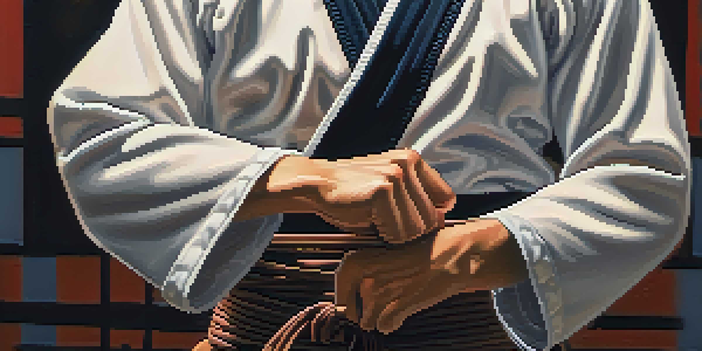 A close-up of hands gripping a dojo belt, with a blurred background of students practicing in a martial arts dojo.