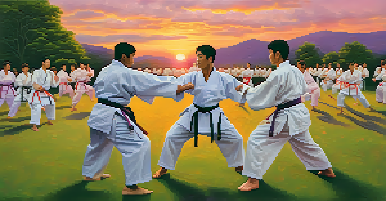 A group of martial artists in colorful gis practicing Goju-Ryu Karate outdoors at sunset, surrounded by greenery.