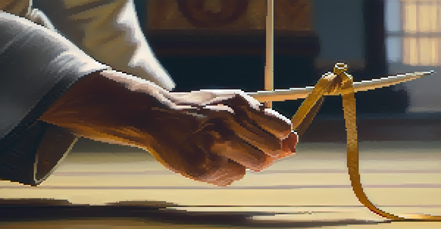 Close-up of a martial artist's hands performing a bow, with textured gi and wooden floor in warm light.