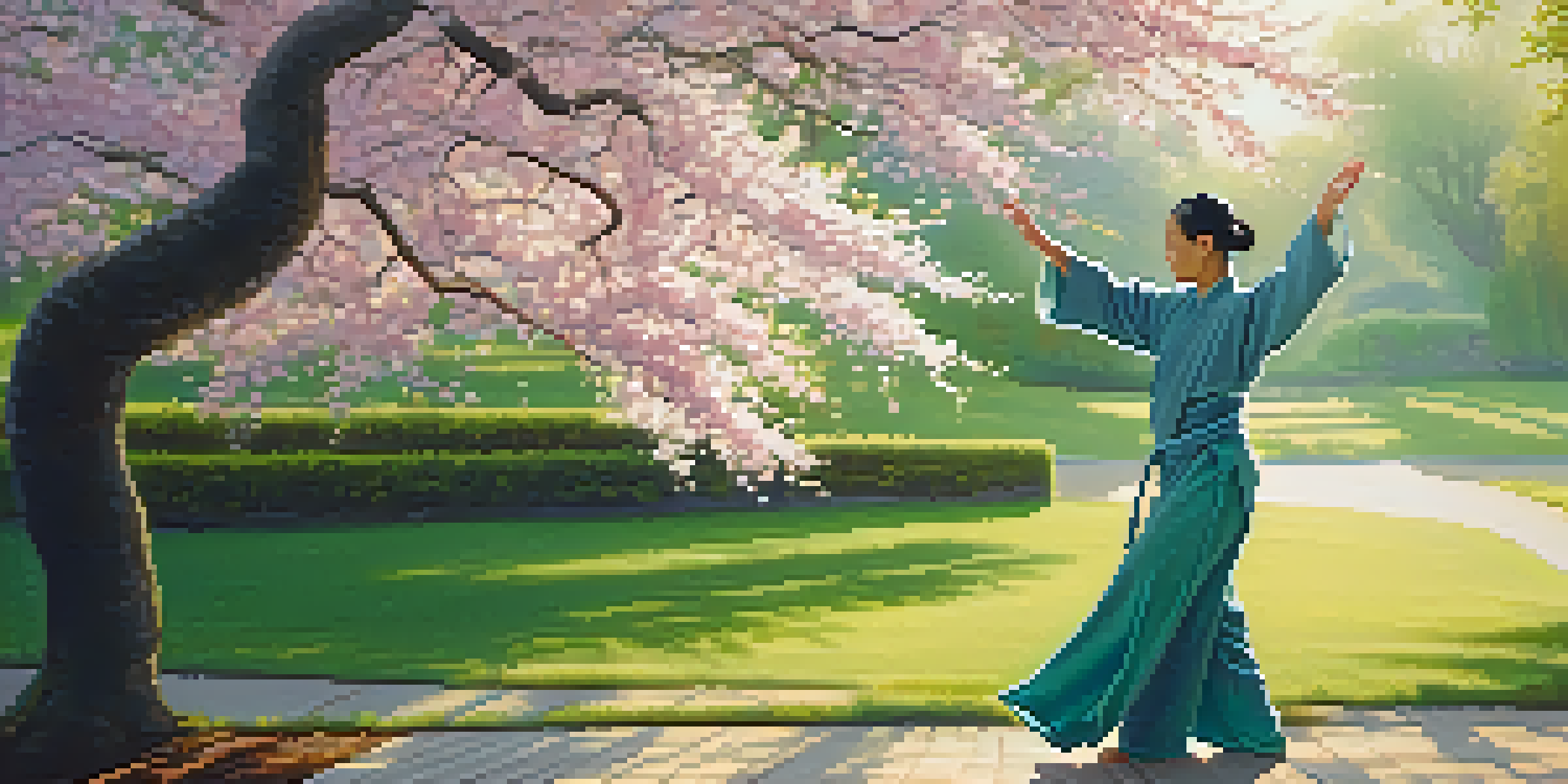 A Tai Chi practitioner in a peaceful park at sunrise, surrounded by trees and cherry blossoms, showcasing fluid movements.