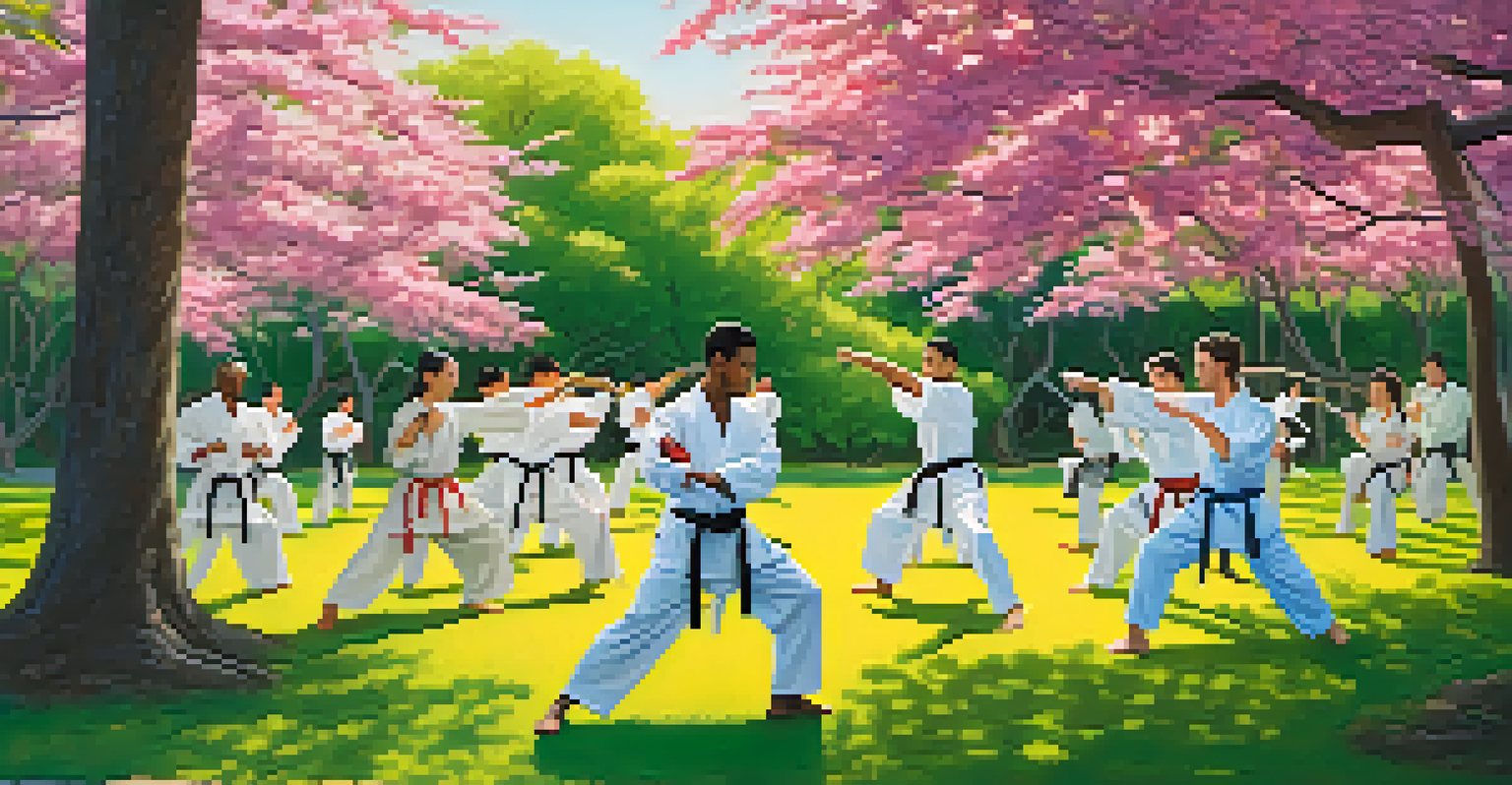 A diverse group of martial arts students practicing outside in a green park under an instructor's guidance.