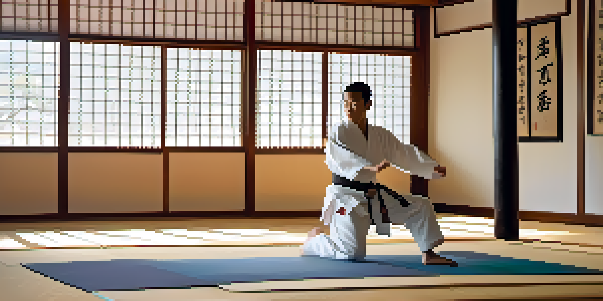 A martial artist in a white gi practicing kata in a serene dojo with polished wooden floors and soft morning light.