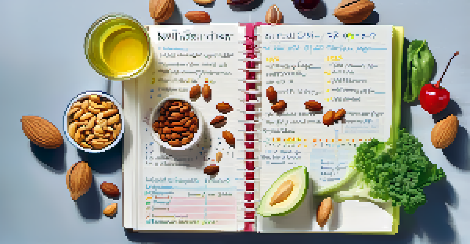 A close-up of a food diary with notes on micronutrient intake, surrounded by healthy foods.