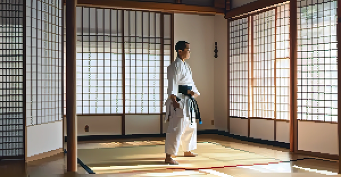 A peaceful martial arts dojo with a practitioner performing a kata, illuminated by soft morning light through shoji screens.