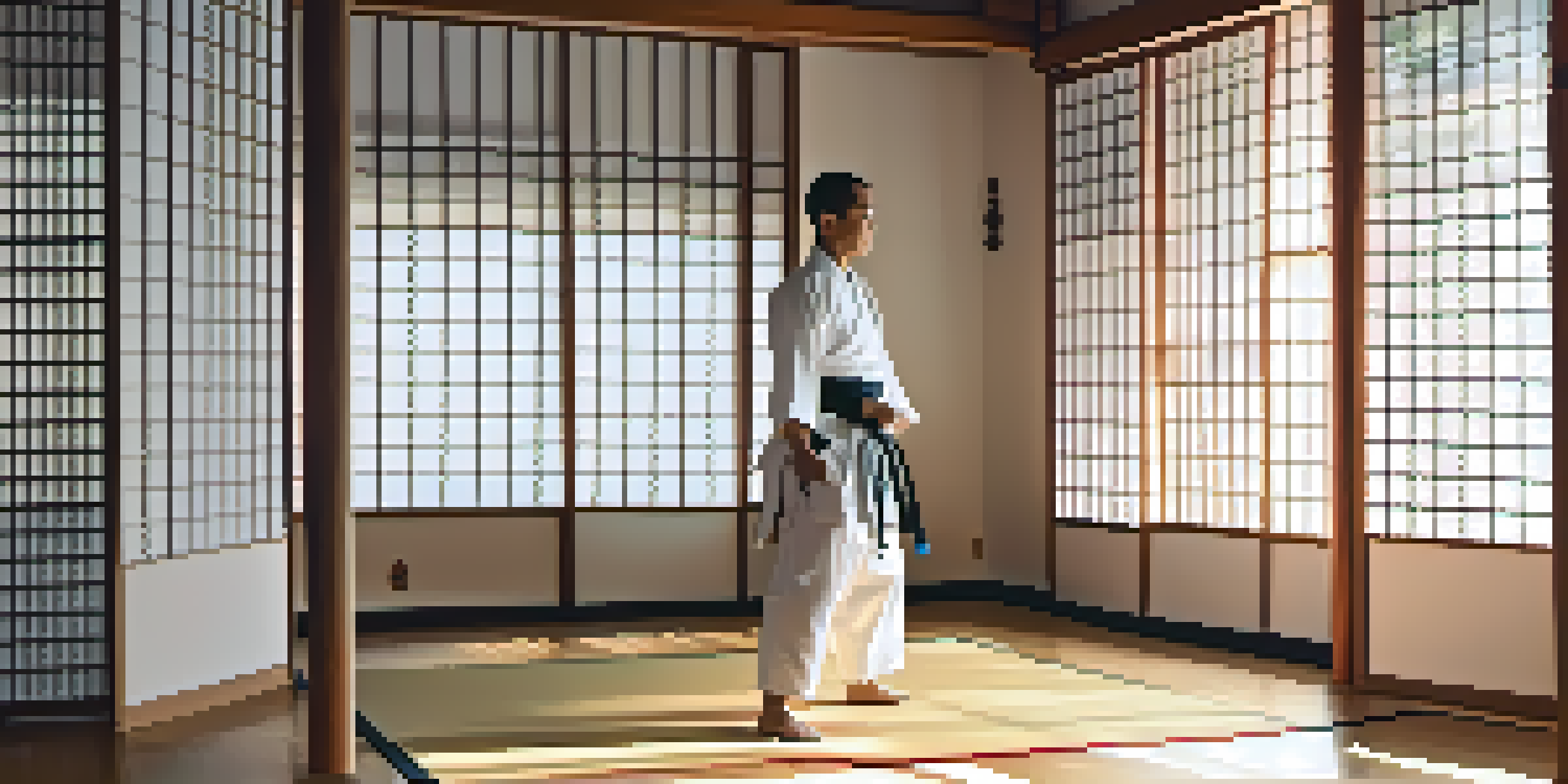 A peaceful martial arts dojo with a practitioner performing a kata, illuminated by soft morning light through shoji screens.