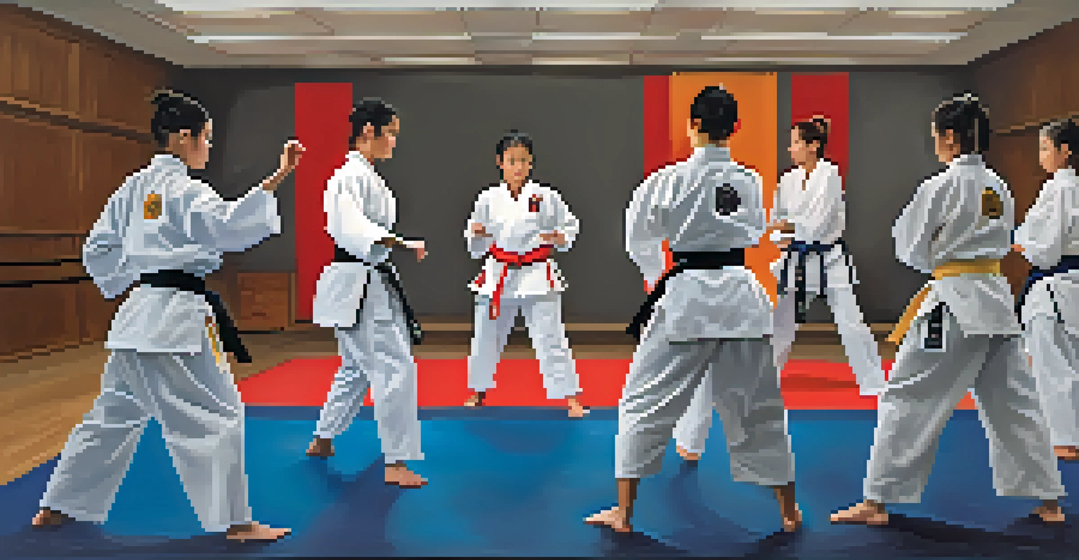 A Taekwondo class with students practicing forms in a dojo, displaying various belt colors and synchronized movements in natural light.