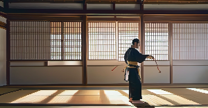 A martial artist practicing Kung Fu in a serene dojo with wooden floors and sunlight filtering through shoji screens.