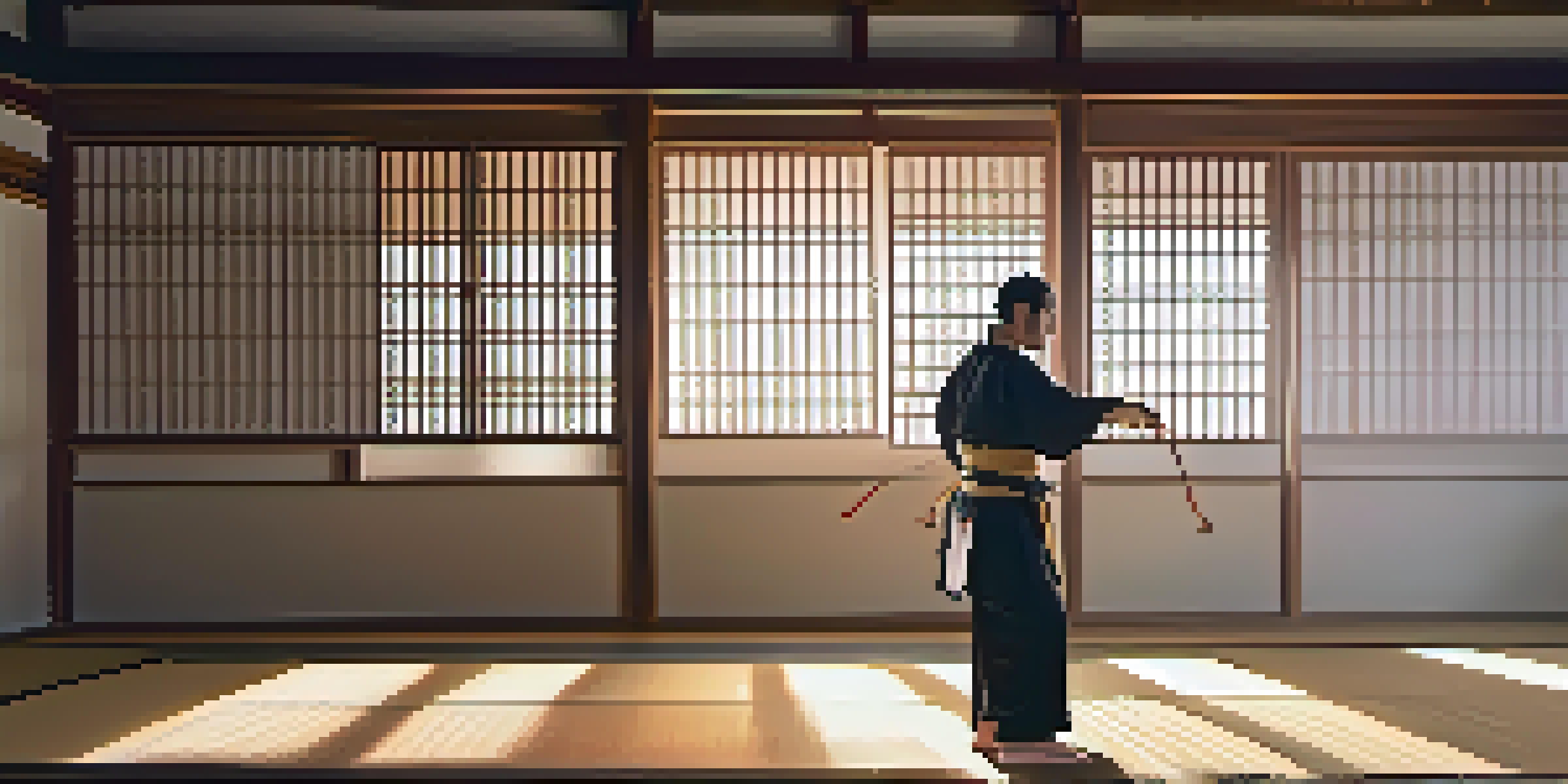 A martial artist practicing Kung Fu in a serene dojo with wooden floors and sunlight filtering through shoji screens.