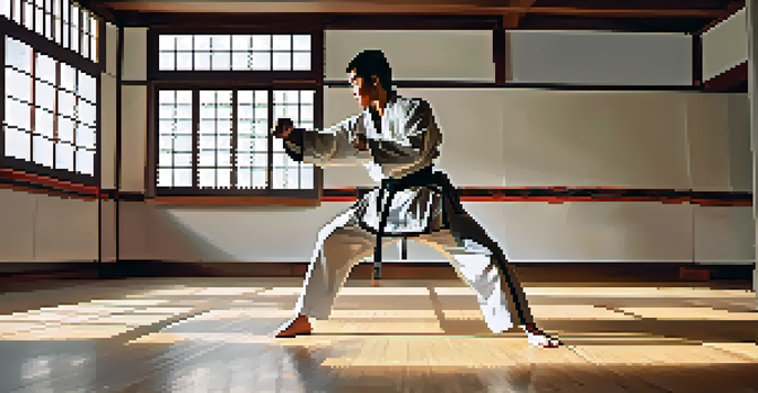 A martial artist in a dojo practicing shadowboxing, with sunlight pouring in through windows and martial arts posters on the walls.