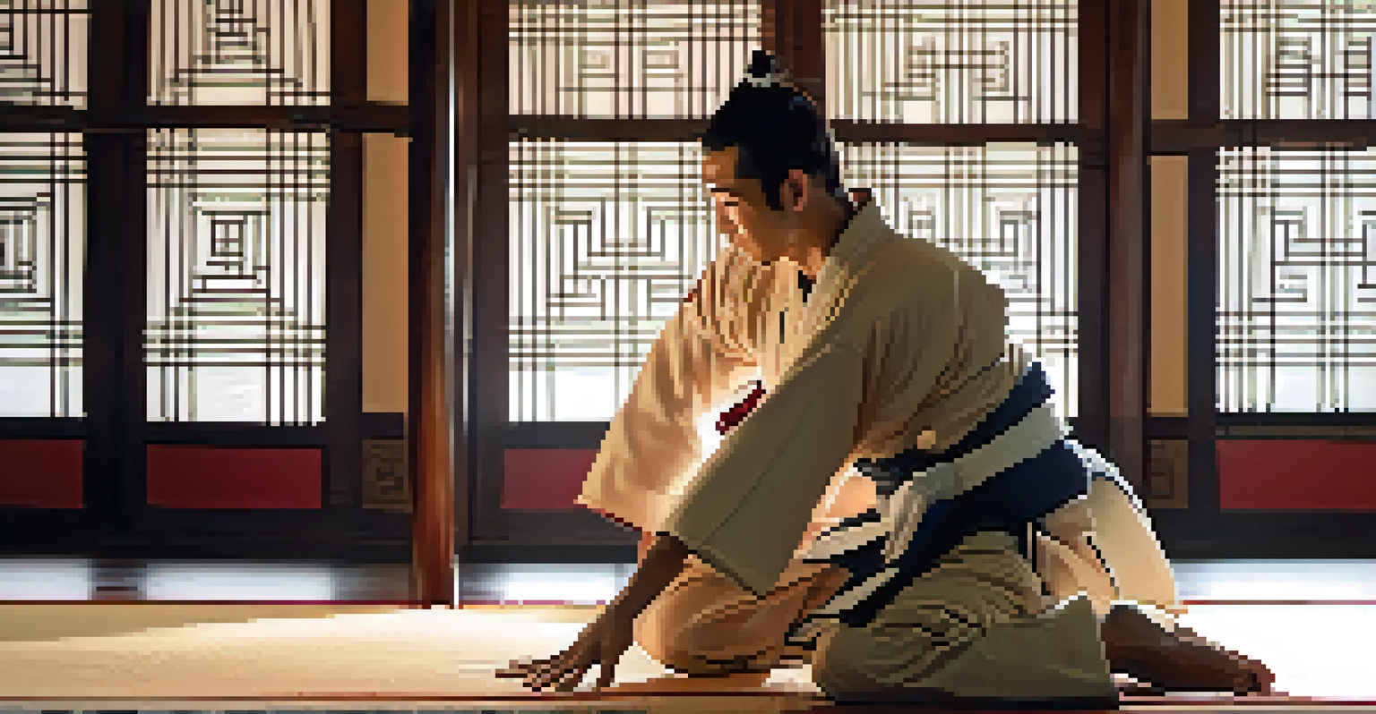 Two martial artists bowing to each other, showcasing respect in their expressions and traditional uniforms.