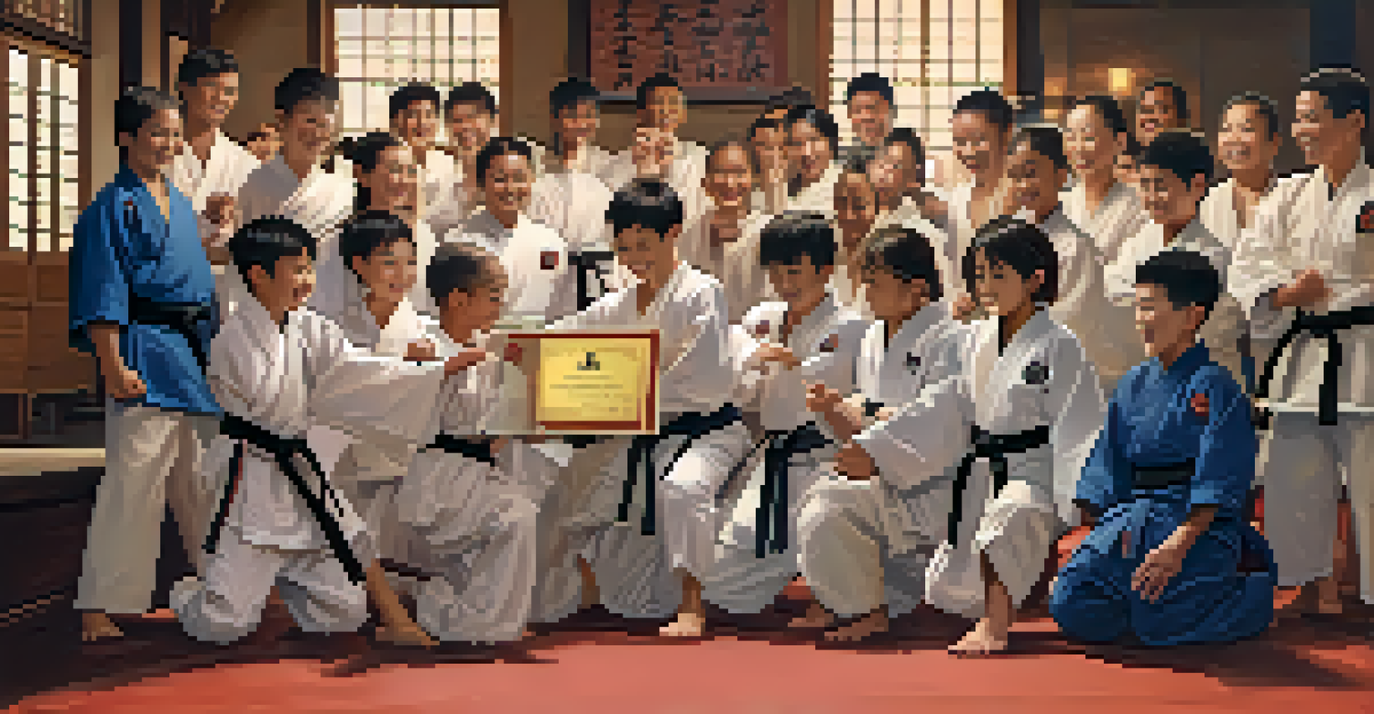 Martial arts students celebrating a victory, with one receiving a certificate, showcasing a joyful and supportive dojo environment.
