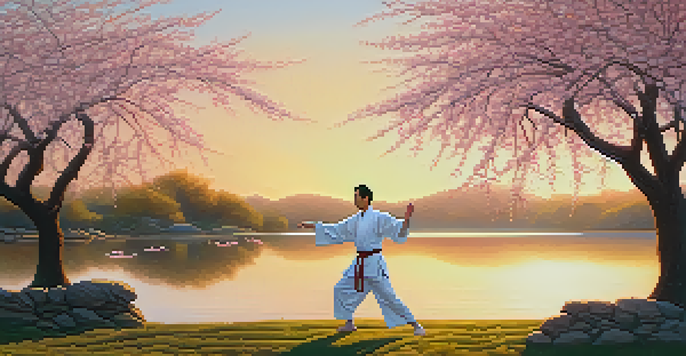 A martial artist practicing Tai Chi at sunrise in a peaceful outdoor setting with cherry blossom trees and a lake.
