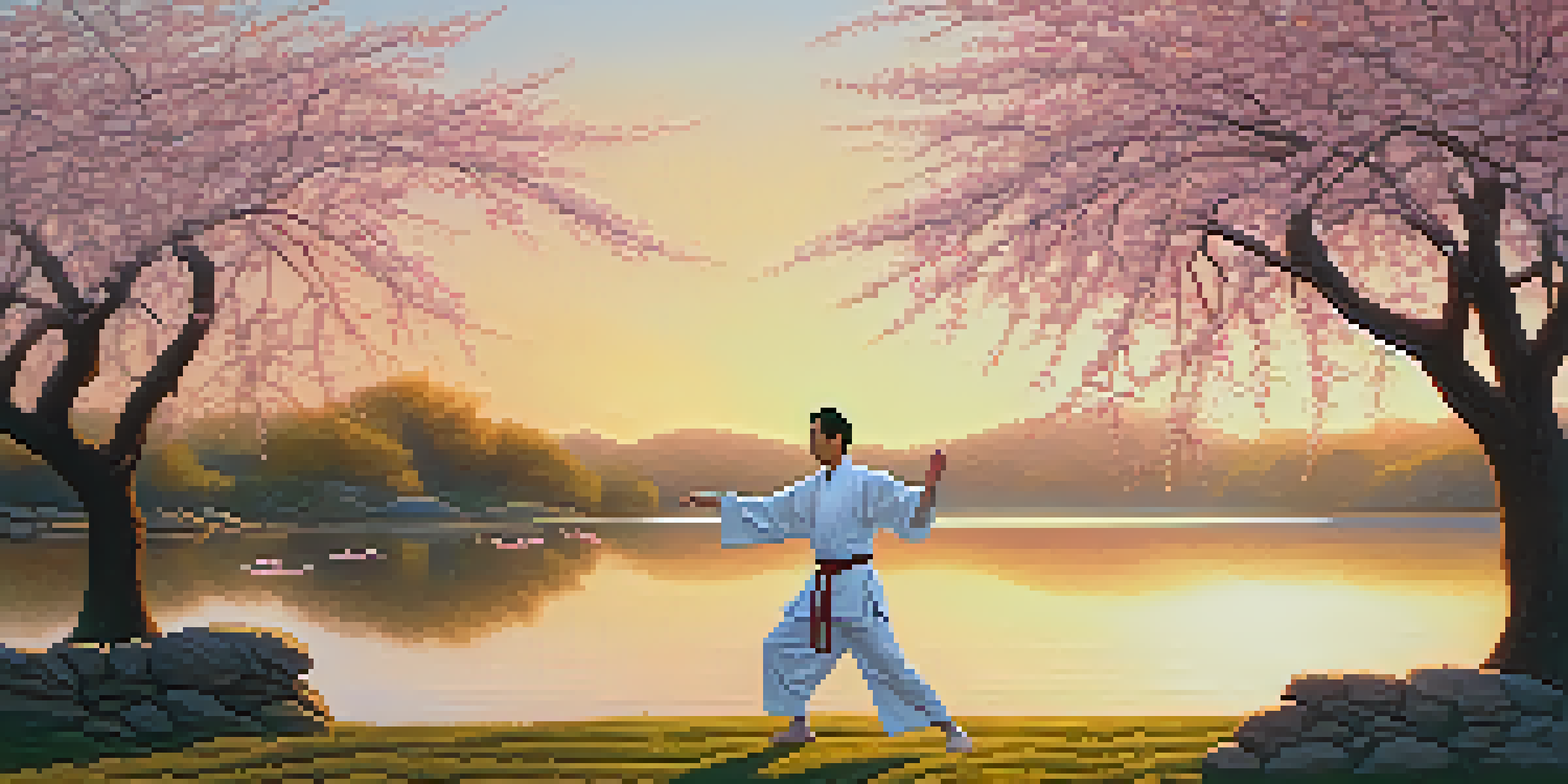 A martial artist practicing Tai Chi at sunrise in a peaceful outdoor setting with cherry blossom trees and a lake.