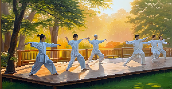 A diverse group of people practicing Tai Chi at sunrise on a wooden deck, surrounded by greenery, with soft morning light casting shadows.