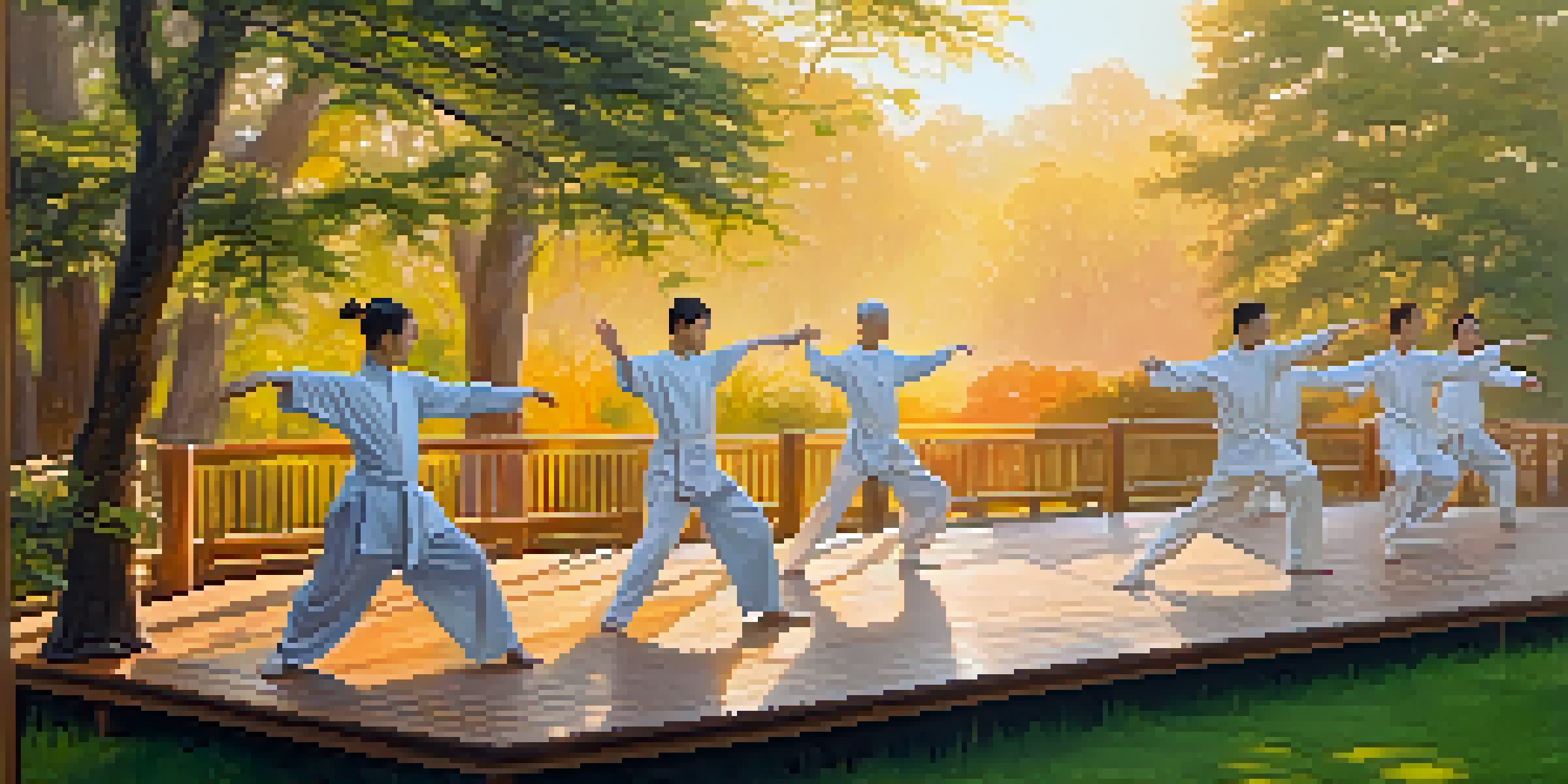 A diverse group of people practicing Tai Chi at sunrise on a wooden deck, surrounded by greenery, with soft morning light casting shadows.